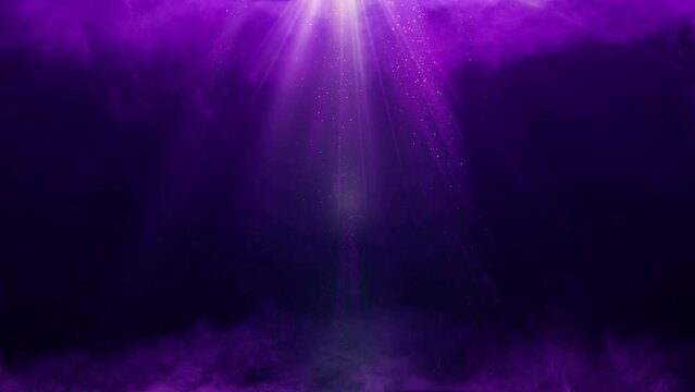 Magic smoke with volumetric light glitter dust. 4k UHD animated Christmas video purple blue color seamless loop background.