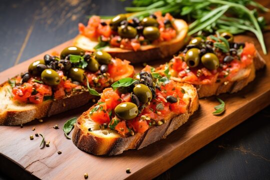 overhead shot of bruschetta with capers and olives
