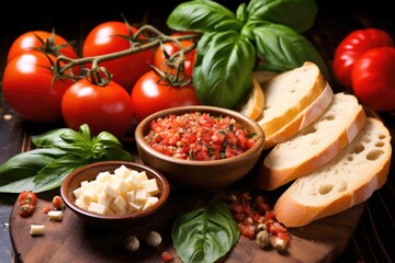 basil leaves, garlic cloves, and tomatoes surrounding a slice of bruschetta
