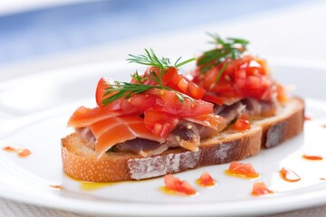 close-up on single bruschetta piece with anchovies on white plate
