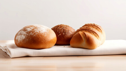Rye and wheat bread on the table. Fresh mouth-watering bread on a white background. Bread and bakery products on a white linen towel.
