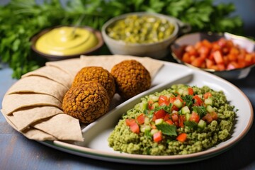 a platter with a falafel bowl beside a side dish of tabbouleh