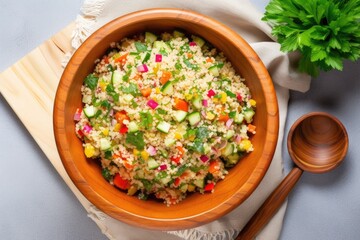 overhead view of bowl with colorful couscous and vegetable salad