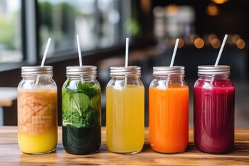 cold pressed juices in different containers with straws