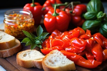 Obraz na płótnie Canvas close image of roasted peppers and garlic cloves beside bruschetta