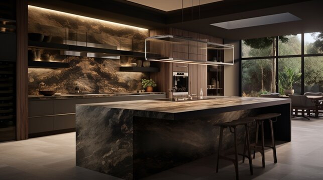 A gourmet kitchen with a bespoke range hood and seamlessly integrated lighting.
