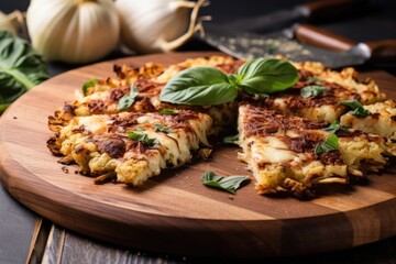 cauliflower pizza with slice removed on a wooden board