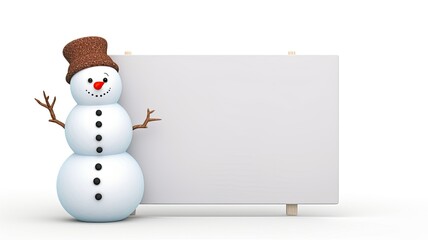a snowman holding a blank signboard against a white backdrop. an ideal canvas for adding custom messages, whether they are holiday greetings, event announcements, or promotional text.
