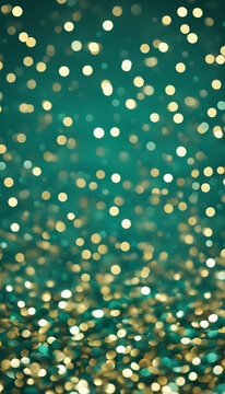 Teal green and gold abstract glitter bokeh background. Holiday texture confetti celebration wallpaper