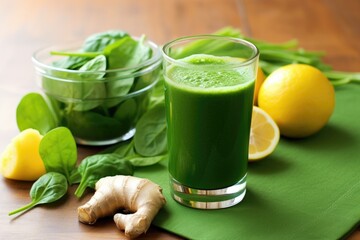 Fototapeta premium green juice in a clear glass next to assorted green fruits