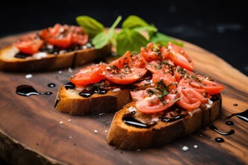 close-up of bruschetta with truffle oil droplets