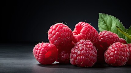  a bunch of raspberries and a leaf on a table.  generative ai