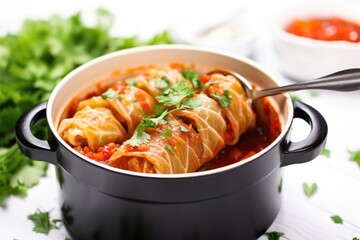 cabbage roll in a mini casserole dish with serving tongs - obrazy, fototapety, plakaty