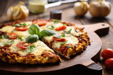 a whole pizza with cauliflower crust on a wooden table - obrazy, fototapety, plakaty