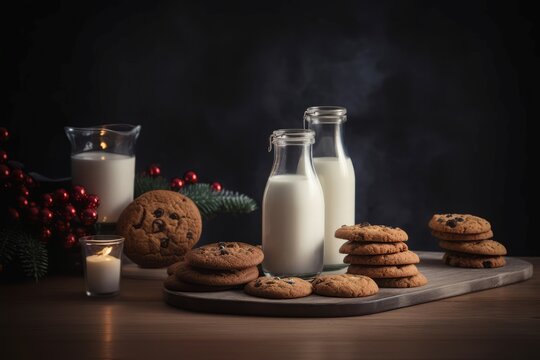 Cookies milk bottle. Snack nature. Generate Ai