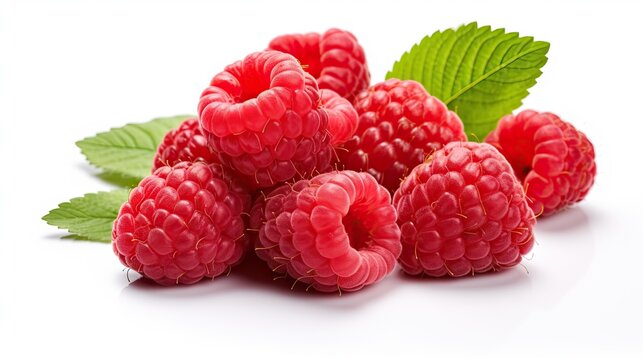  a pile of raspberries with leaves on a white background.  generative ai