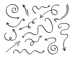 Arrows set, hand drawn doodle direction twist indicators, pointers and scroll elements.Collection of swirly various dynamics shapes.Isolated on white background. Vector illustration