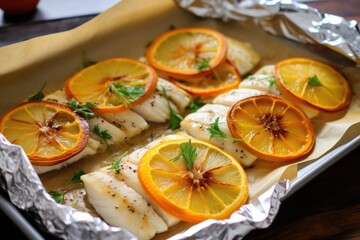 marinated fish fillets on parchment paper with citrus