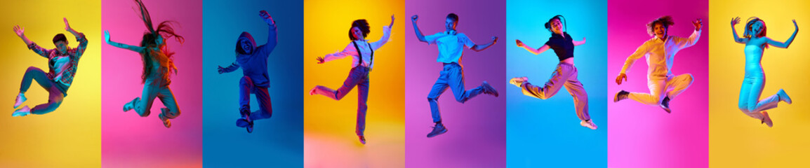 Collage. Young happy, cheerful, positive people, boys and girls jumping over c colorful background in neon lights. Concept of freedom, motivation, ambitions, success and lifestyle.
