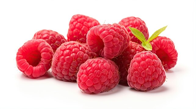  a pile of raspberries with a leaf on top.  generative ai