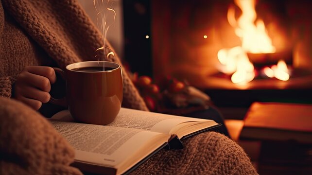 the brown knitted wool sweater while enjoying a typical autumn activity, sipping a warm beverage or reading a book by the fireplace, the tactile comfort of the sweater.