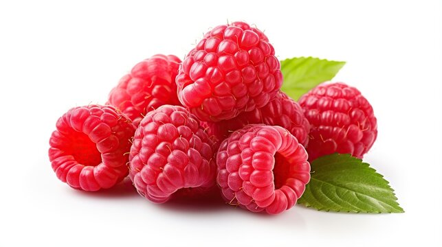  a pile of raspberries with leaves on a white background.  generative ai
