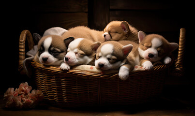 Adorable corgi puppies snuggle together sleeping.