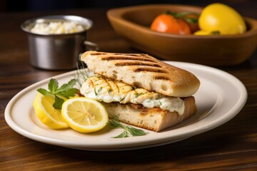 grilled fish sandwich with tartar sauce on a ceramic plate