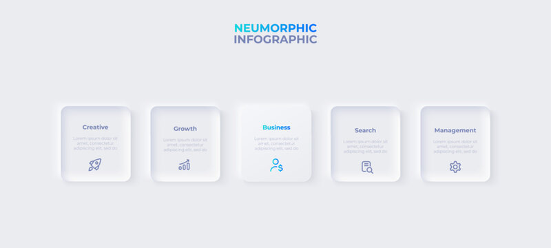 Light neumorphism horizontal progress diagram with 5 square elements. Infographic design template