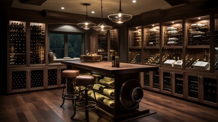 A personal wine cellar adorned with custom racks and ambient mood lighting. - obrazy, fototapety, plakaty
