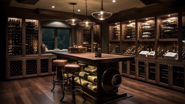 A personal wine cellar adorned with custom racks and ambient mood lighting.