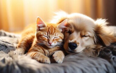 Cat and dog sleeping. Puppy and kitten sleep.