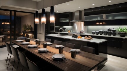 Fototapeta na wymiar A contemporary kitchen with a glass backsplash and modern black appliances.