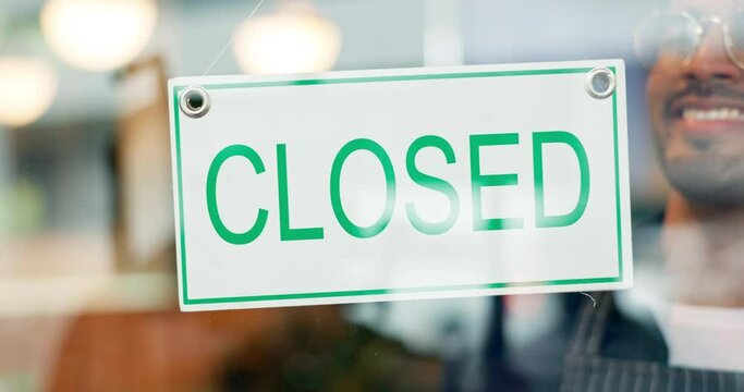 Closed sign, front door and cafe restaurant man, business owner or boss end service, store or cafeteria day. Storefront, entrance or happy diner person, waiter or barista change board at closing time