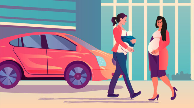 happy pregnant woman future mom and mother with little baby discussing during meeting at city street pregnancy motherhood expectation