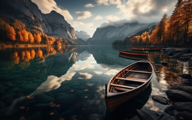 Boats on the Braies Lake in Dolomites mountains
