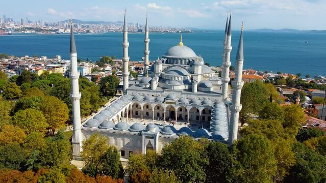 Hagia Sophia and Blue Mosque in Sultanahmet district of Istanbul, Turkey. Aerial view from drone. Suleymaniye Mosque is Ottoman imperial mosque in Istanbul, Turkey. It is largest mosque in city.