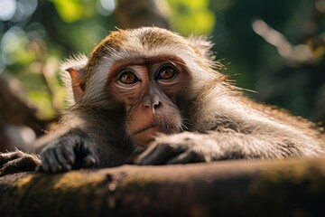 Close up shot of lying relaxed monkey watching careful. Macaque in sacred ubud monkey forest sanctuary