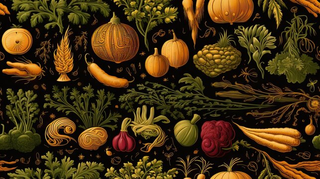  a painting of a variety of vegetables on a black background.  generative ai