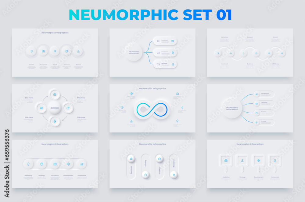 Aufkleber nine slides with neumorphic infographics elements. timelines, rings, flowcharts and cycle diagrams. 