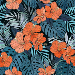 Tropical hibiscus and palm leaves seamless pattern © mirifadapt
