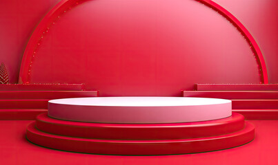 A sleek podium set against a vivid red backdrop.