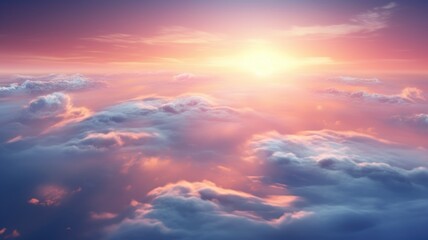 Naklejka na ściany i meble Beautiful sunset sky above clouds with breathtaking light. Generative AI image
