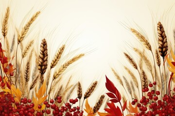Wheat spikelets, rowan berries and yellow autumn leaves on a light background. Thanksgiving Day