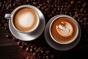 top down view of a steaming cappuccino amidst coffee beans