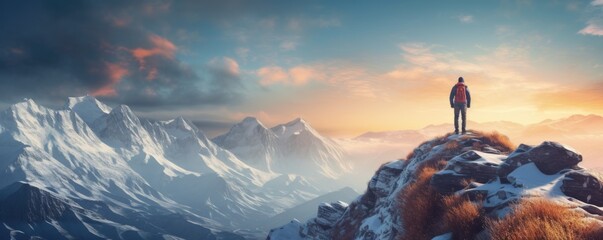 man stand on cliff in winter landscape with mountain view