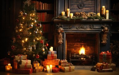 Fototapeta premium interior christmas. magic glowing tree, fireplace, gifts in dark