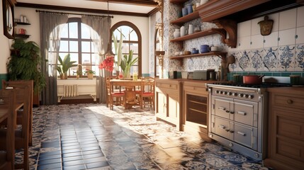 A lavish kitchen featuring a sizable farmhouse sink and a floor adorned with patterned tiles.