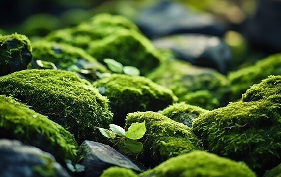 Beautiful Bright Green moss grown up cover the rough stones and on the floor in the forest