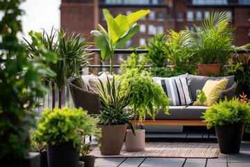 Fototapeta na wymiar an urban roof terrace with potted plants and modern furniture